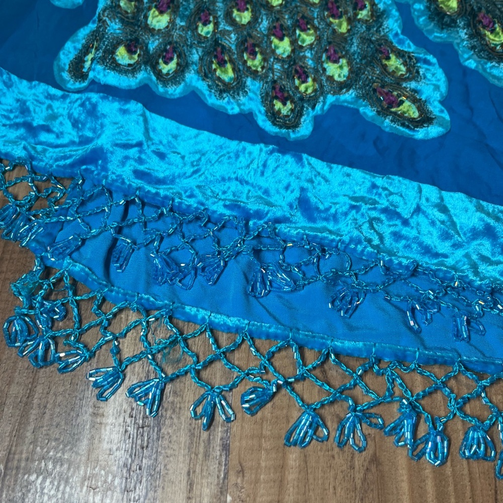 VTG Panne Silk Scarf Beaded Crushed Velvet Shawl Peacock Turquoise Floral Wrap - Picture 6 of 11